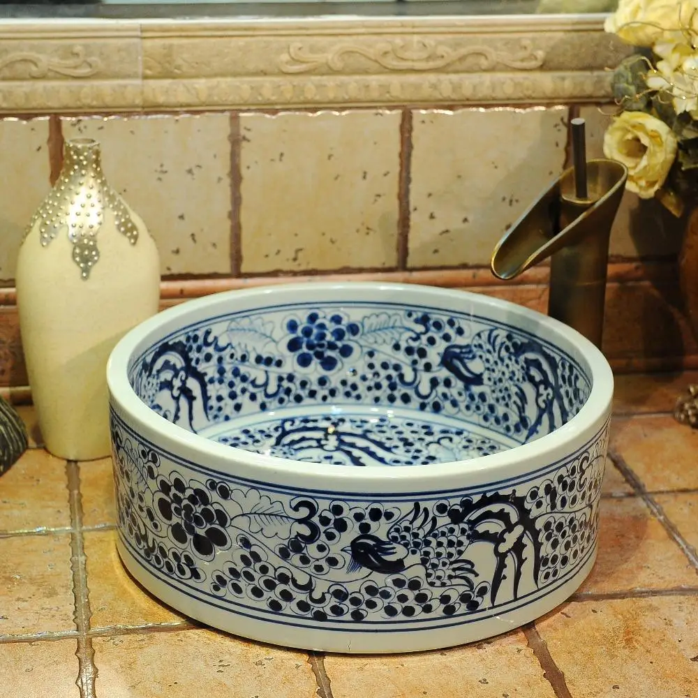Chinese Antique ceramic sinks china wash basin Ceramic Counter Top Blue