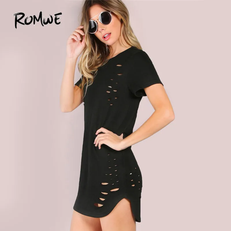 ROMWE черный рваные Панк футболка платье для женщин сексуальный вырез изогнутый подол Bodycon Летние платья модные короткий рукав тонкий мини