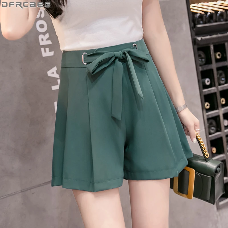 

Fashion Summer Skirt Shorts Women Pleated Bow Chic High Waist Short Femme Wide Leg Lace Up Shorts Green Blue Black Ladies Shorts