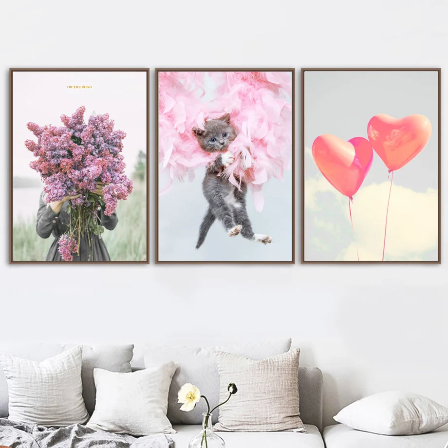 Pink-Feather-Cat-Heart-Balloon-Flower-Girl-Wall-Art-Canvas-Painting-Nordic-Posters-And-Prints-Wall (1)