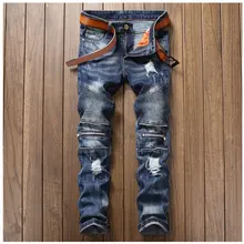 Plissado Denim Jeans Moda Masculina Calças Buraco Mendigo Calca Masculina Personalidade Joelho Zipper Design Em Linha Reta Magro Night Club Jeans