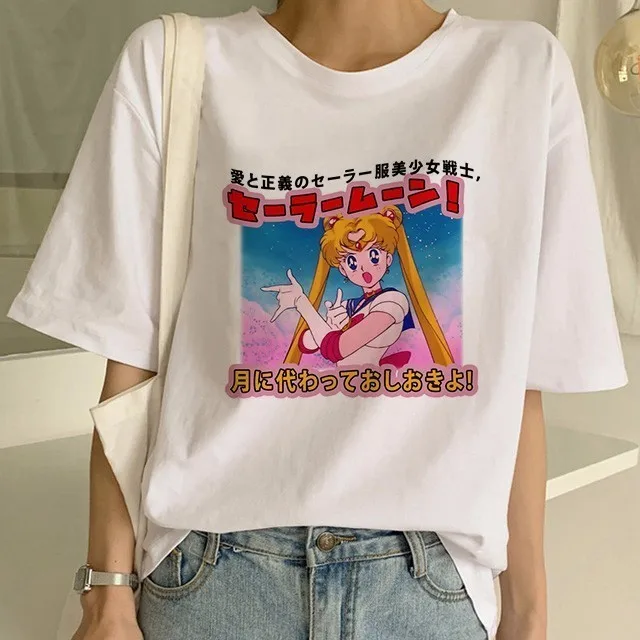 7 Сейлор Мун летняя новая модная футболка Женская Harajuku с коротким рукавом забавная футболка Ulzzang Милая футболка с котом Мультяшные футболки женские - Цвет: 7