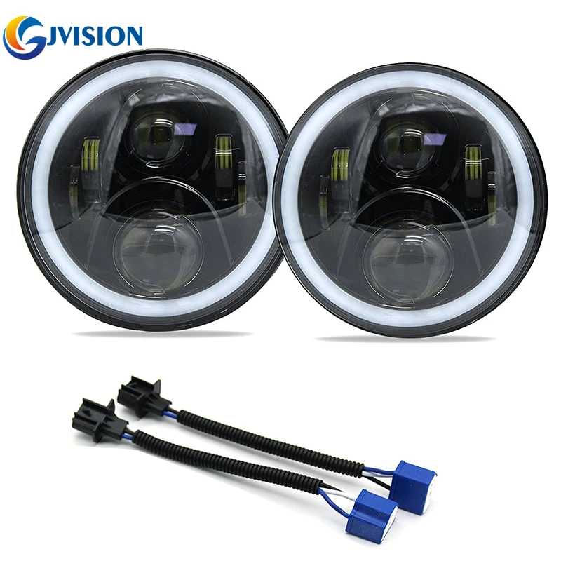 Pair Halo Ring Hi Lo Beam DRL 7 INCH LED Headlight Harley Daymaker Headlamp For Jeep