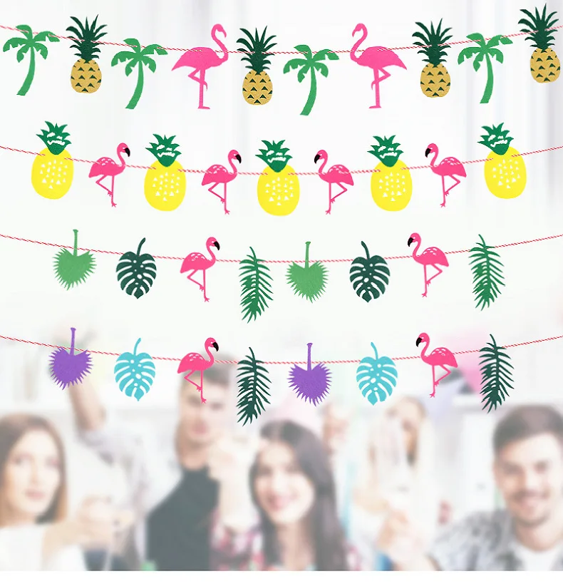 

1 set Flamingo Pattern Party Decoration Hanging Banner Flag Garland Hawaiian Luau Tropical Coconut Leaves Event Party Supplies