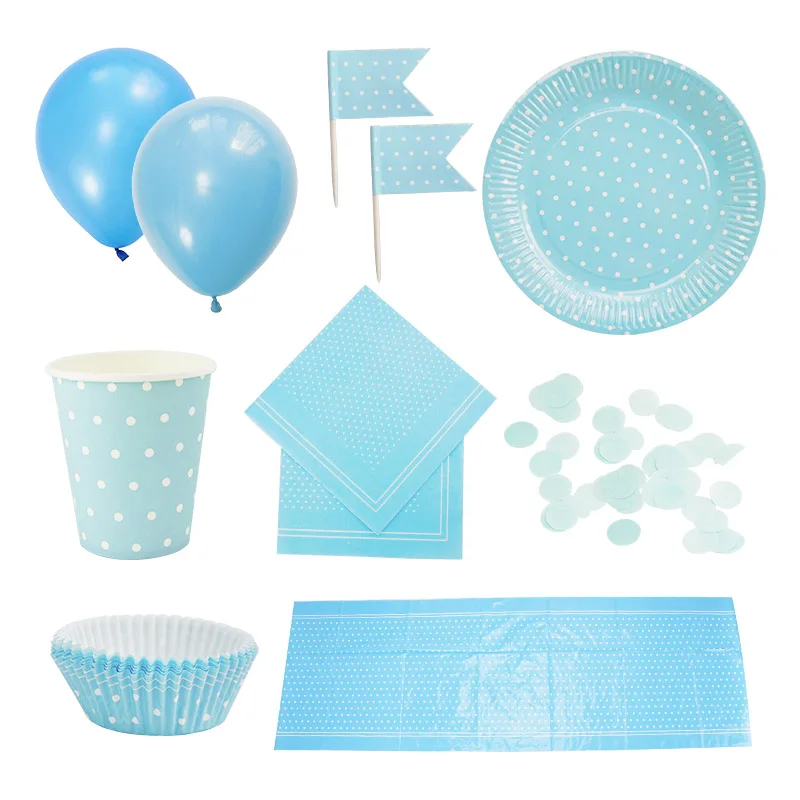 

8 Guests Party Tableware Sets Baby Blue Boy Birthday Disposable Paper Plates Cups Napkins Tablecloth Confetti Balloons
