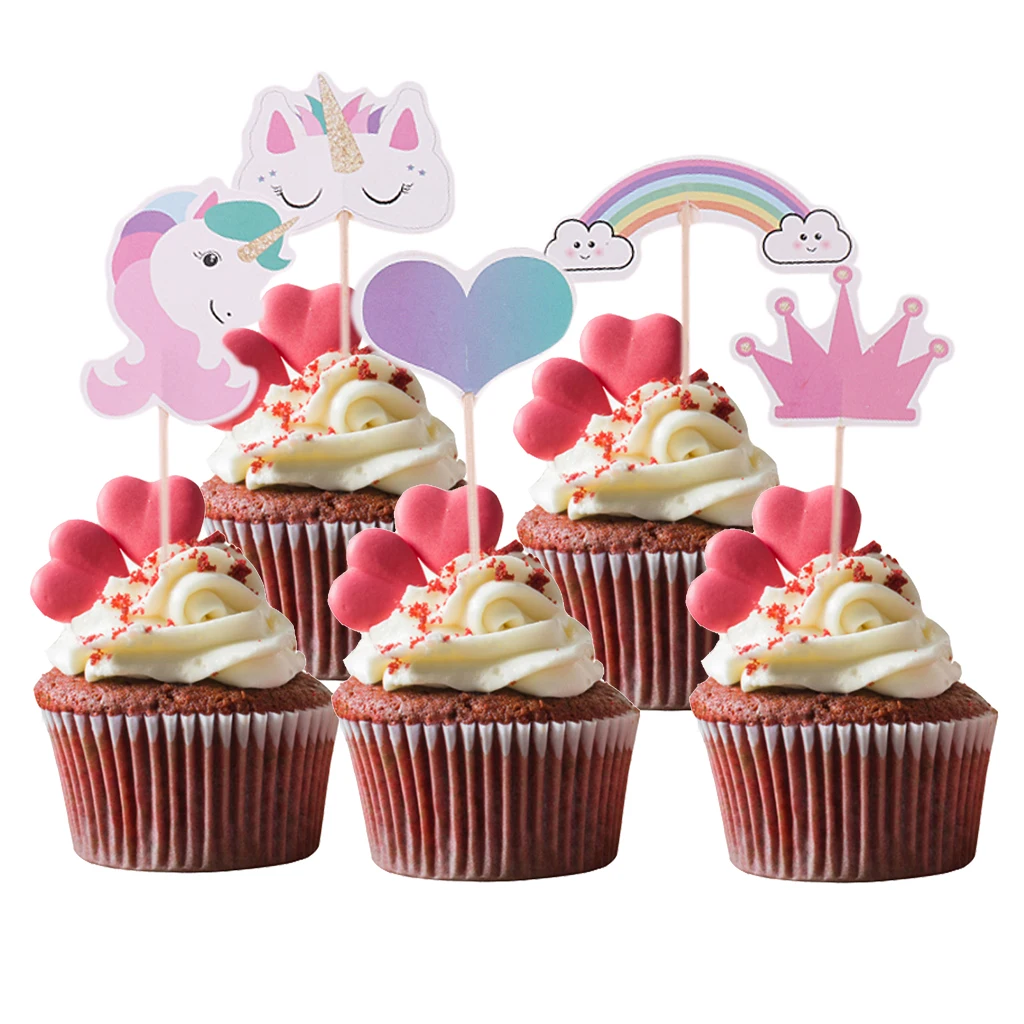 24x Unicorn Cake Picks Rainbow Cupcake Toppers Crown Heart Shape Cake Décor