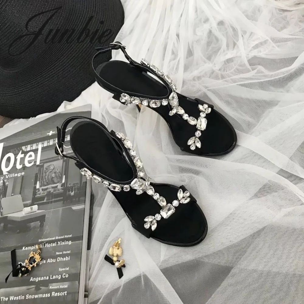 

JUNBIE New Quality Crystal Beading Buckle Strap Women Summer Spring Sandals Sexy Open Toe Thin HIgh Heel Sandals Shoes Women