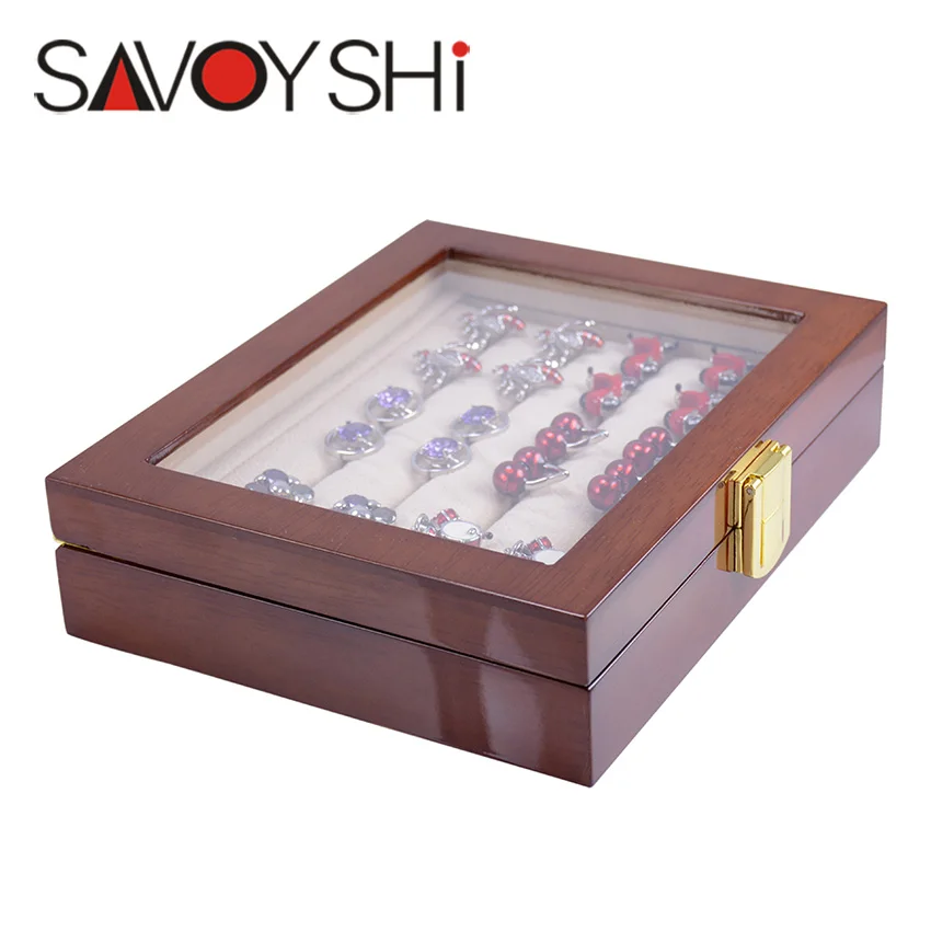 Бижутерия savoyshi, роскошная стеклянная коробка для хранения, 12 пар, вместительная коробка с кольцом, высокое качество, окрашенная деревянная коробка, аутентичный Размер 185*150*46 мм