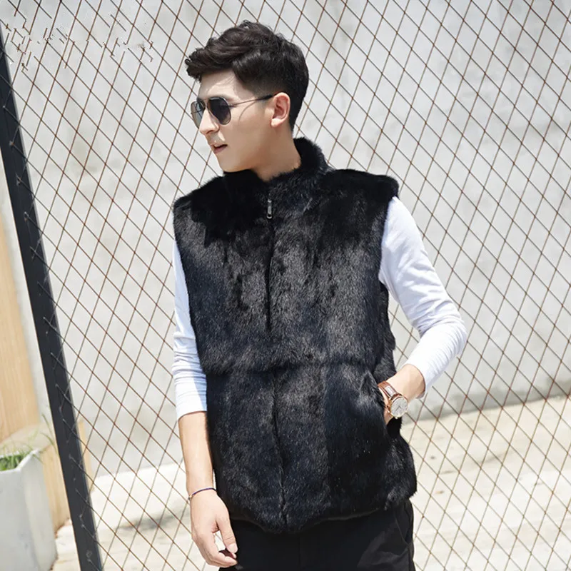 

New Real Genuine Natural Rabbit Fur Vest With Collar Men Fashion Jacket Outwear Overcoat Custom Any Size Free Shipping JN460