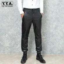 Новинка, мужские свободные штаны-шаровары, натуральная кожа, на шнурке, эластичная резинка на талии, брюки для бега, черные кожаные штаны из овчины для мужчин