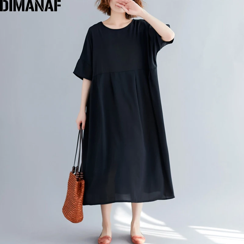 DIMANAF женское платье большого размера, летнее черное повседневное стильный сарафан большого размера, женское свободное хлопковое базовое платье 5XL