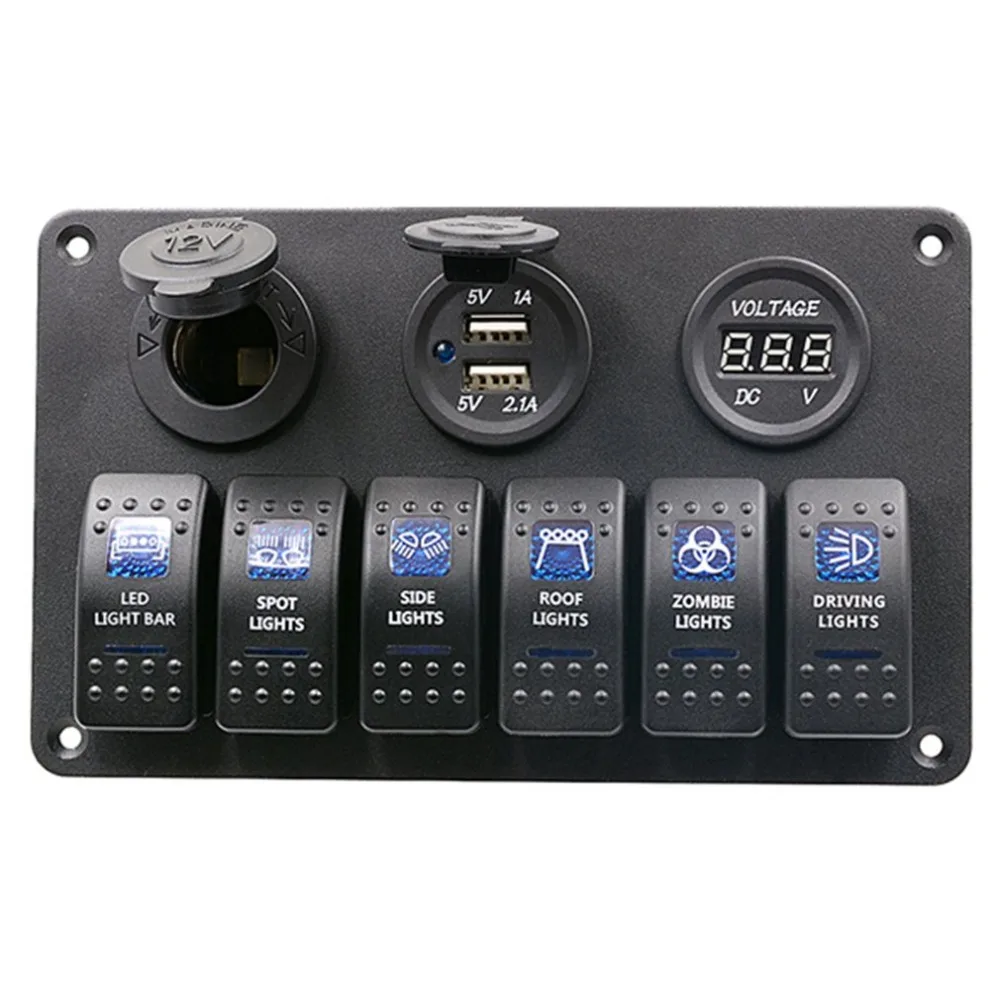 

6 Sets Red LED Waterproof Switch Panel + Cigarette Lighter + Dual USB Charging Stand + Red Voltmeter