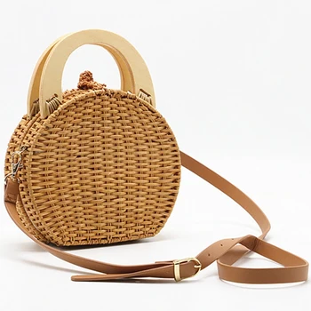 

FGGS-Woman Fashion Wooden Handle Rattan Knit Bag New Straw Bag Shoulder Messenger Bag(Camel)