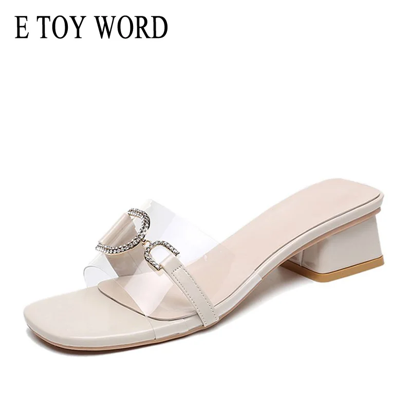 

E TOY WORD Transparent Slippers Women Wear 2019 Summer New Metal Buckle Thick Heel Open Toe Shoes Fashion Wild Mid Heel Sandals