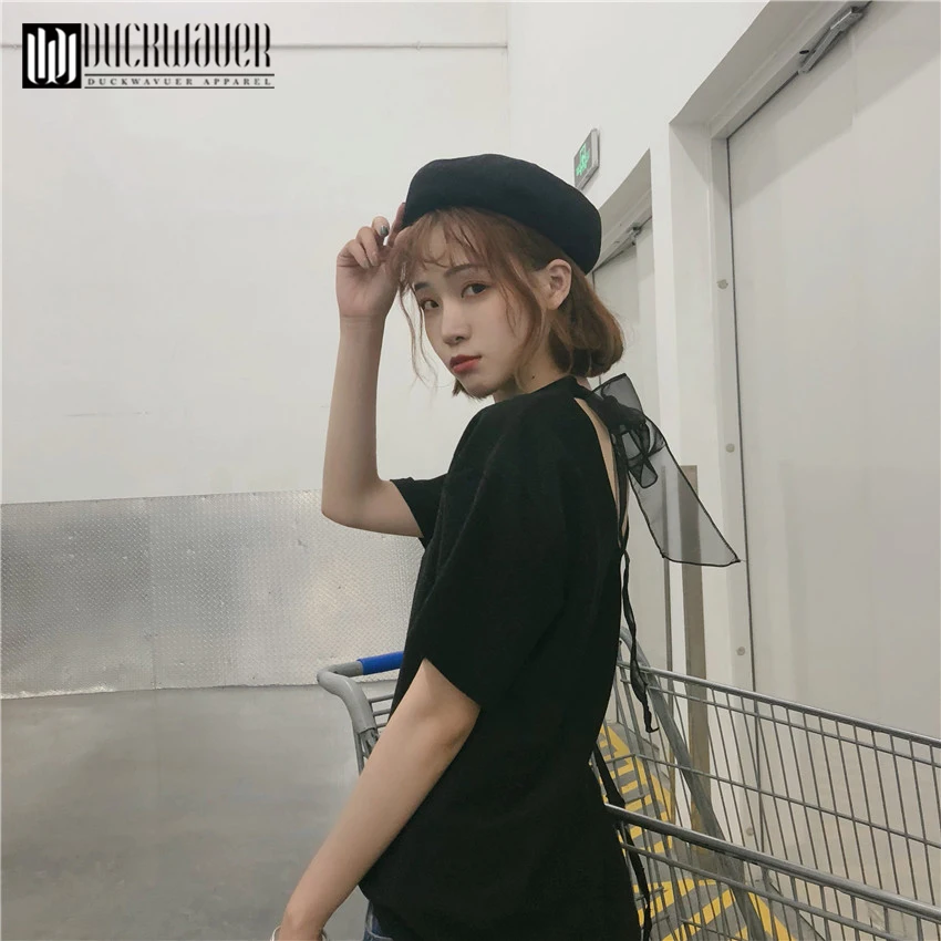 Duckwaver 2019 Летняя женская элегантная шифоновая блузка с коротким рукавом и бантом