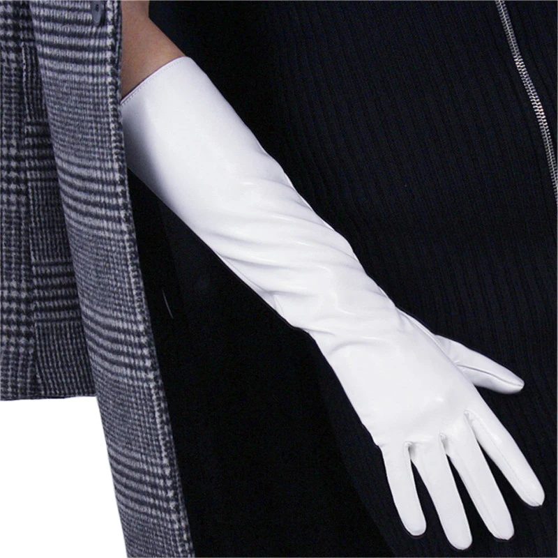 Patent Leather Gloves Female White Red Brown Synthetic Leather Woman Gloves 40cm Long Cosplay Imitation Genuine Leather P34
