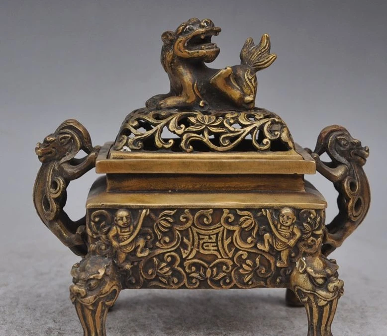 6 &quotотмечены старый китайский бронзовый лев Foo Dog Зверь Мальчик Статуя