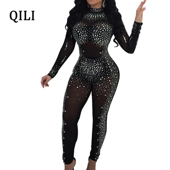 

QILI Women Diamonds Rhinestone Jumpsuits Sexy See Through Mesh Skinny Long Pants Bodycon Jumpsuit Black Khaki Club jumpsuit