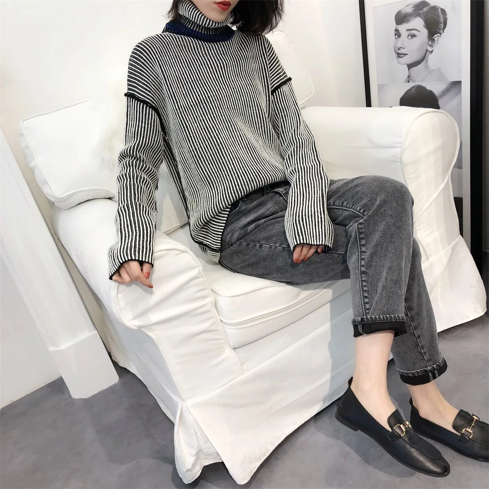 2019 New Autumn Winter High Necked Striped Sweater Long Sleeved Blouse Casual Commuter Sweaters Fashion Women Black Sweater 2019 New Autumn Winter High Necked Striped Sweater Long Sleeved Blouse Casual Commuter Sweaters Fashion Women Black Sweater