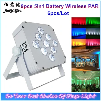 

Good Quality 9pcs*18W RGBWA+UV 6 In 1 Wireless DMX LED Flat Battery Par Light 9pcs LED Battery Par Wash Up Lighting