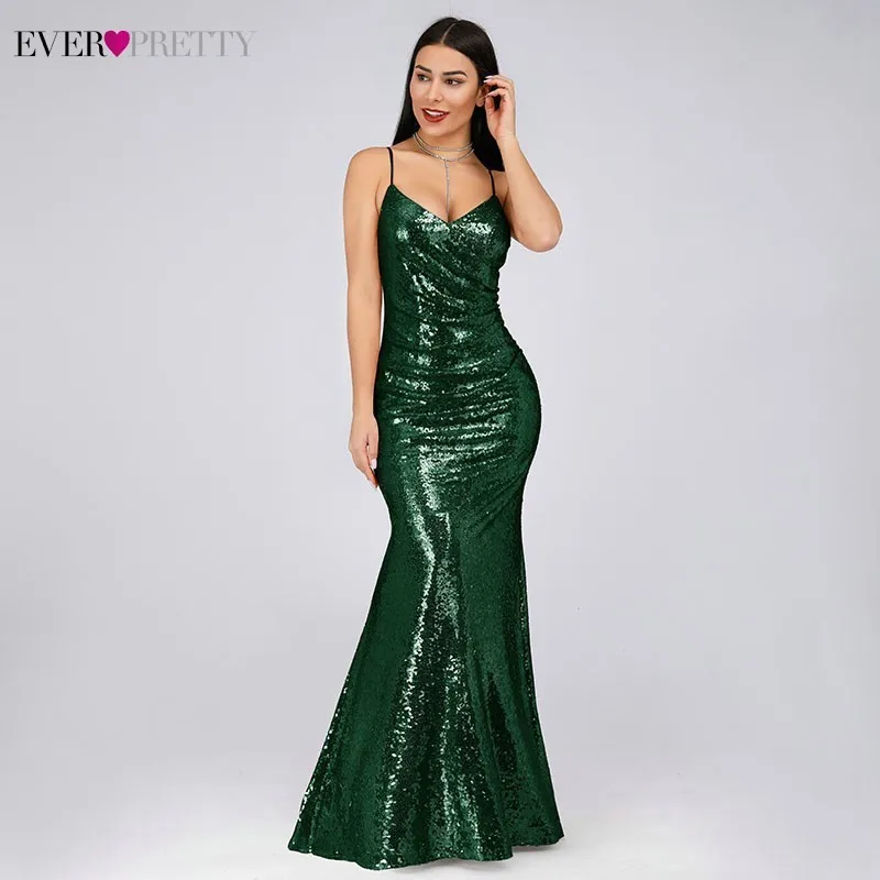 Ever Pretty Robe De Soiree New Burgundy Sexy V Neck Spaghetti Straps Sequins Evening Dresses Long Party Gowns EP07339BD - Color: Green