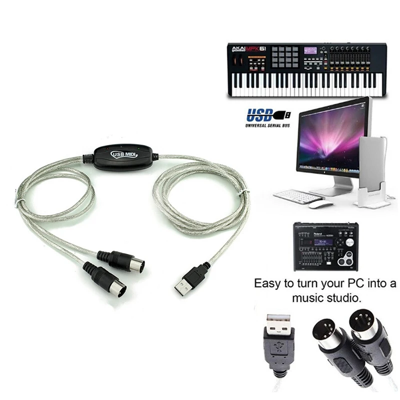 1.5m USB IN OUT Interface Cable MIDI Converter PC Music Keyboard