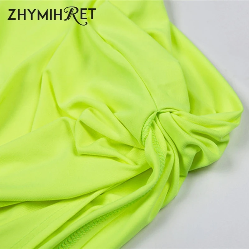 ZHYMIHRET, неоновый цвет, комплект из двух частей, платье для женщин, на одно плечо, топы, сбоку, с рюшами, с высоким разрезом, платье для женщин, бандаж, Vestidos