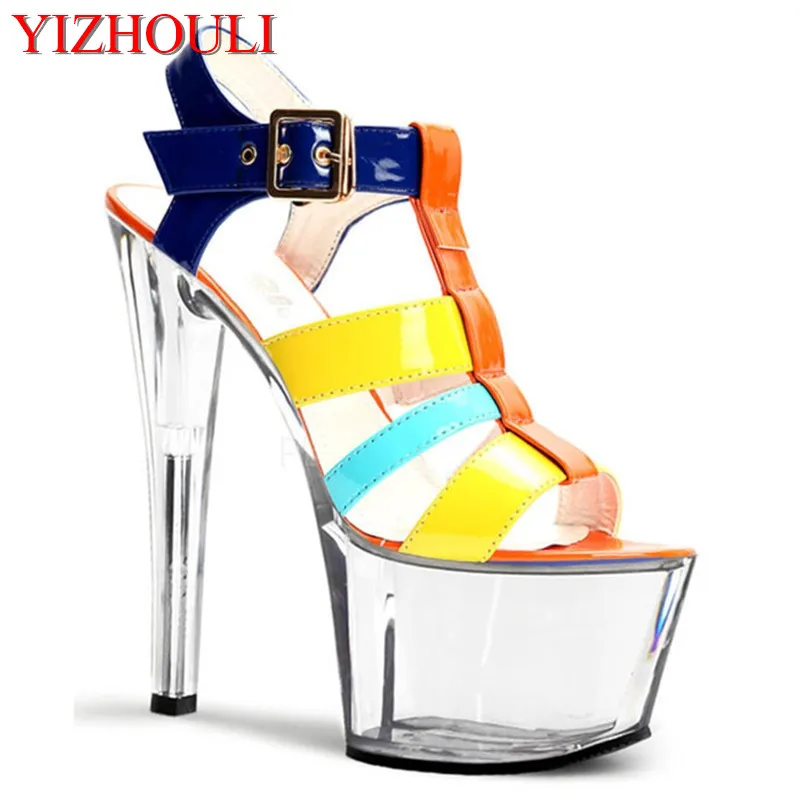 

Height 17 cm, transparent waterproof platform, colorful vamp sexy banquet princess sandals, dancing shoes