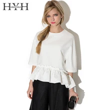 HYH Hollow Out Ruffle Tee Women Solid White O-neck Half Sleeve Female Casual Top Sweet High Low Loose T-shirt For Wholesale white hollow out scoop neck high low hem jumper