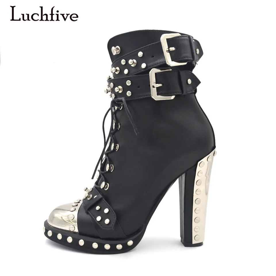 

Fashion Metal Round Toe Studded Ankle Boots For Women Lace up Buckle Chunky High Heels Leather Runway Women Booties