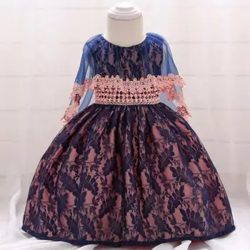 

1PC Dark Blue Baby Girl Princess Dress Lace Leaf Beads Birthday Party Outfit Infant Flower Girl Evening Suit Photo Shoot Prop