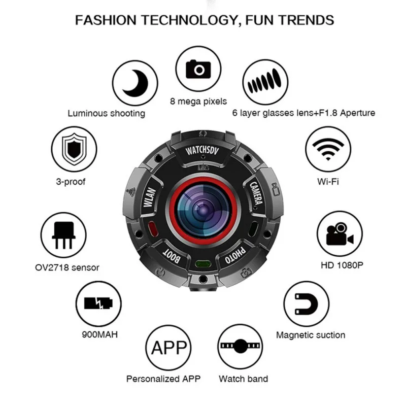  1080P Wasserdichte Auto DVR Wearable Und Abnehmbare Smart Sport Kamera Uhr Kamera APP Wifi Magnetis