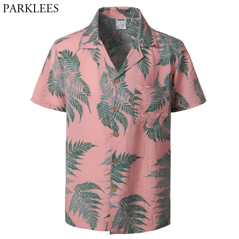 Kopen Mens Hipster Casual Korte Mouw Hawaiian Aloha Shirts 2019 Zomer Nieuwe Button Down Tropische Mannen Strand Shirt met Pocket Roze 2XL