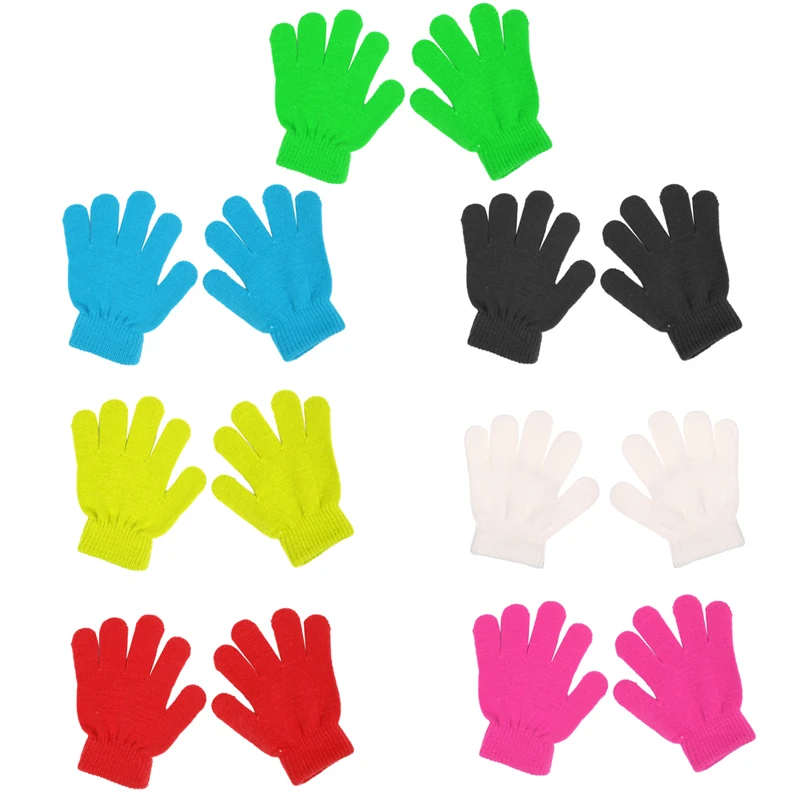 KLV зимние милые перчатки для мальчиков и девочек, одноцветные вязаные эластичные варежки, зимние теплые перчатки для женщин и девочек