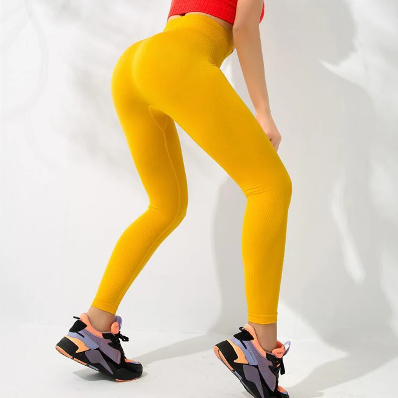 

Women seamless knitted yoga leggings high waist hip push up sports pants elastic gym leggings fitness feminine running pants
