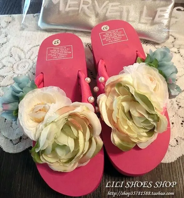 Новая летняя роза Зеленый пляжная обувь тапочки повелительницы сандалии цветы леди тапочки увеличился толстым дном тапочки B19