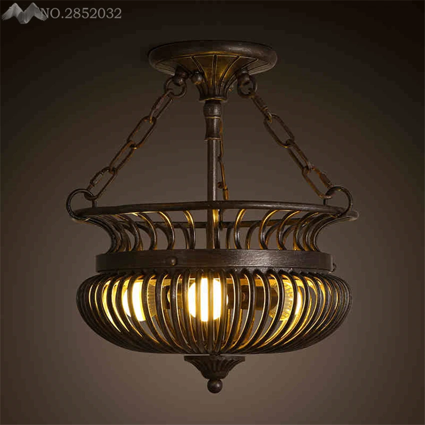 

LFH American Retro Nostalgic Half Cage Ceiling Lamp European Country iron light Living Room Restaurant hotel bar indoor lighting