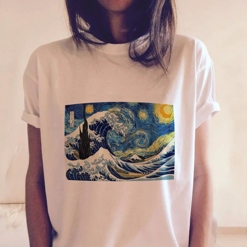 

Cncool Harajuku Aesthetic White Tshirts Van Gogh Romantic Starry Night Wave Print Figure Print T shirts Vintage Short Sleeve