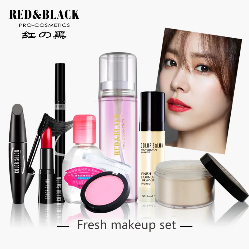 

Red&Black 8Pcs eyeliner pencil Concealer remover Liquid spay Foundation cream Black Mascara Blusher lipstick powder makeup set