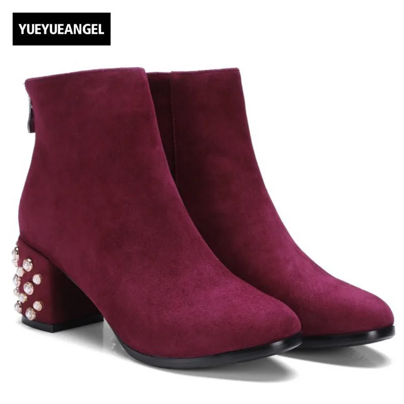 

Fashion Womens Beads Block High Heel Ankle Boots Top Brand Genuine Leather Female Shoes Footwear Sheepskin Suede Knight Boots