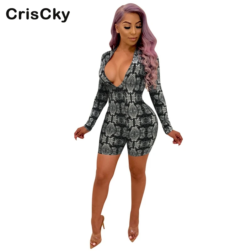 

CRISCKY Hot Summer Sexy Bodysuit Women Deep V Neck Long Sleeve Snake Print Skinny Bodycon Rompers Womens Club Slim Jumpsuit