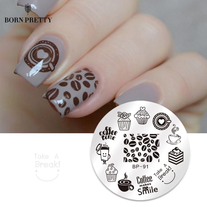 

BORN PRETTY Nail Art Stamp Plate Template Coffee Time Design 5.5cm Round Image Nail Stamping Plate BP-91