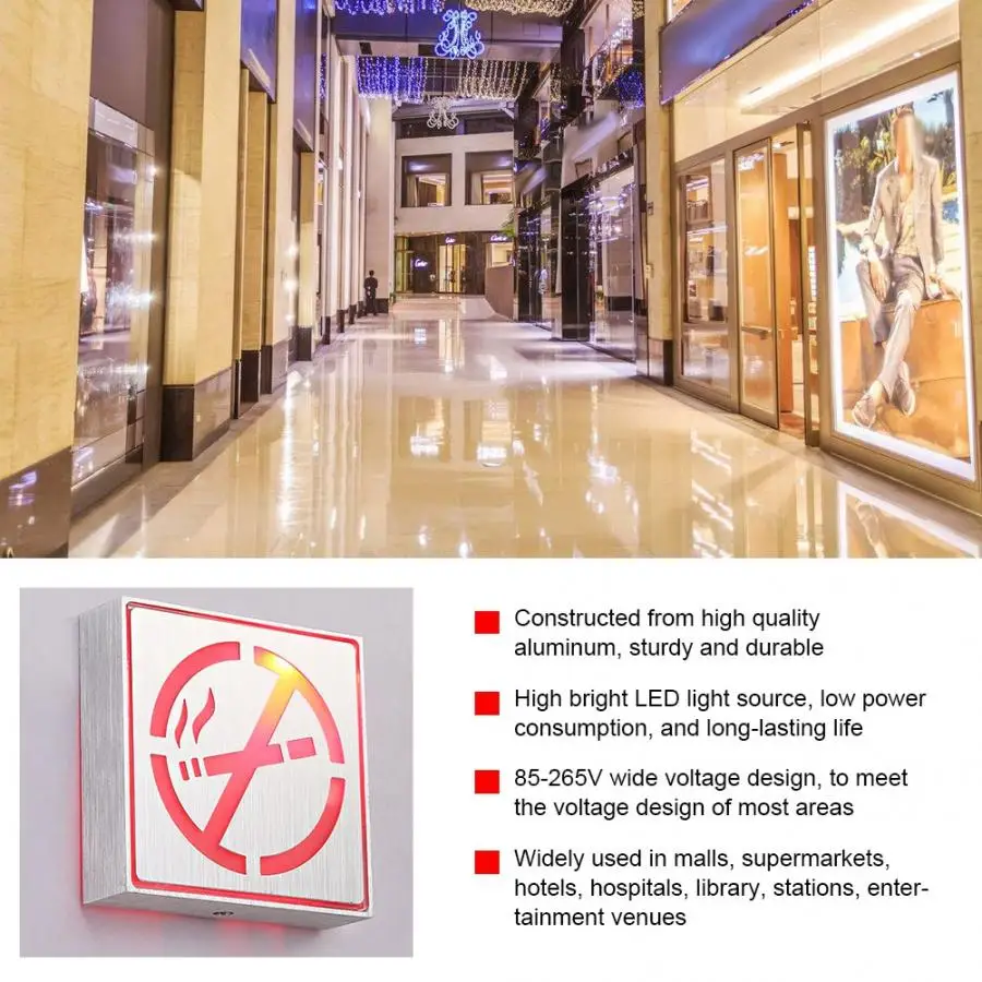 

Aluminum LED Indicator Safety No Smoking Warning Sign Smoking Prohibited Symbol 85-265V