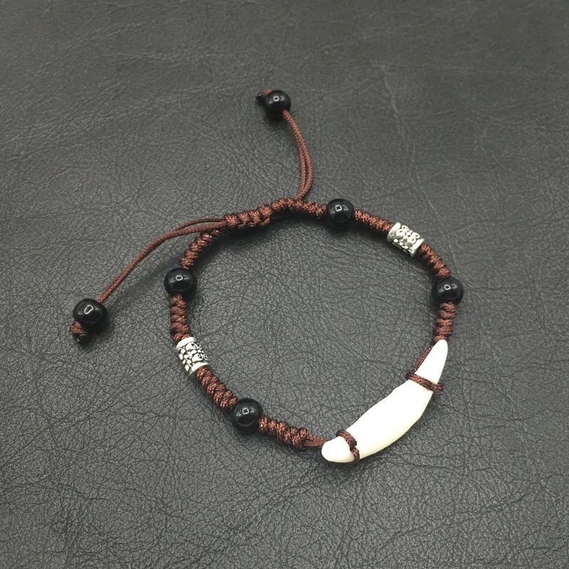 

Handmade Woven Wooden Beaded Amulet Tibet Fangs Real Tooth Bangle Men Women's Wolf's Fangs Bracelet Lucky Gift
