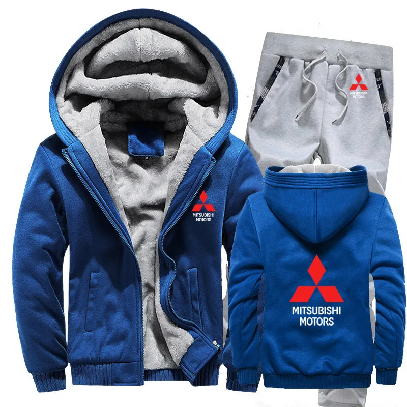 Hoodies Men Mitsubishi Car Logo Mens Hoodies Suit Winter Thicken Warm Fleece cotton Zipper Tracksuit Mens Jacket+Pants 2Pcs Sets