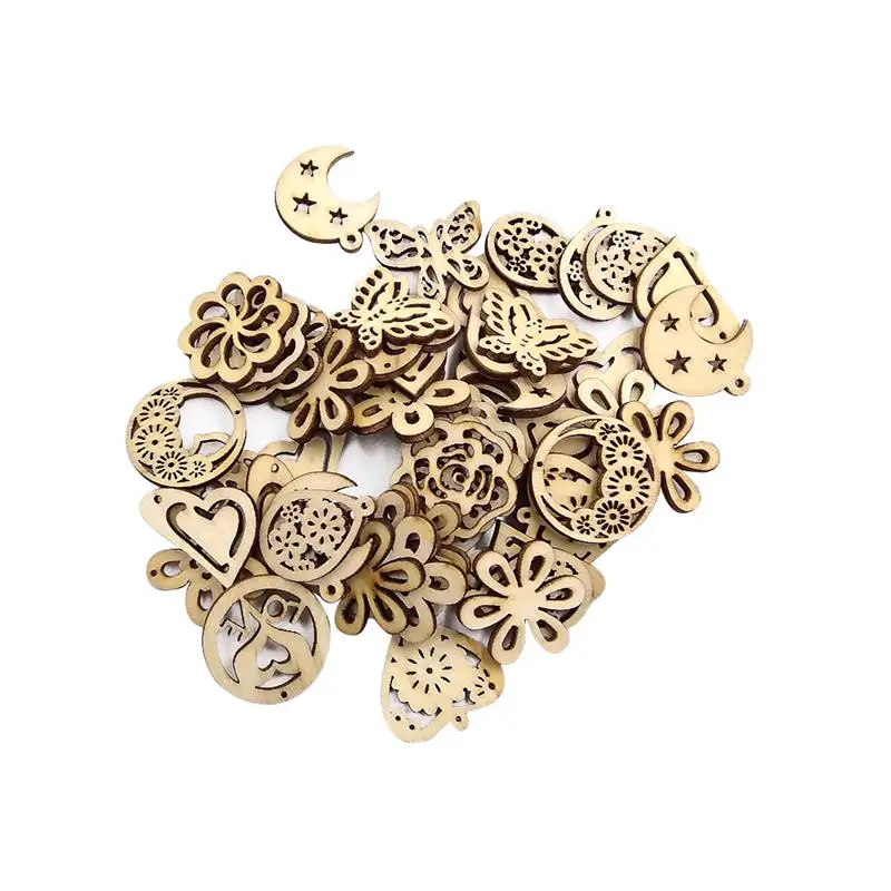 50pcs Mix Laser Cut Wooden Pendant Decorative DIY Craft Wood Pendant Jewelry Earing Making Sewing Buttons Natural Material A3