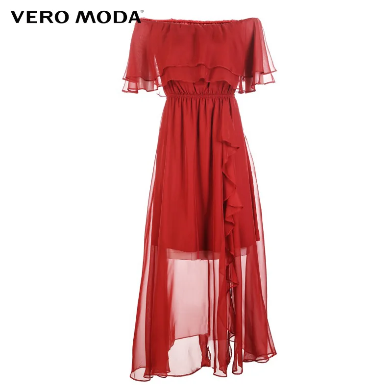 Vero Moda 2019 летнее платье пляжное шифоновое с вырезом лодочкой и оборками |