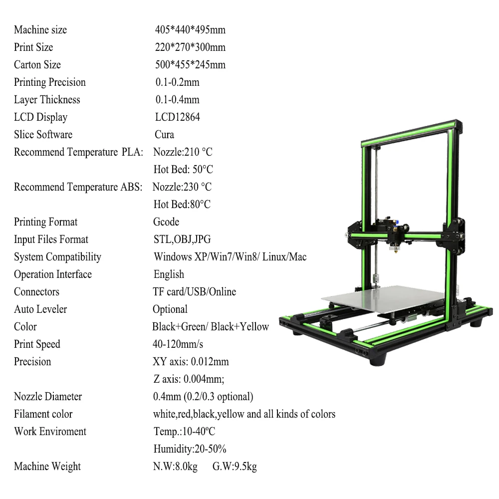 Anet E10 одноцветная сопло Купера полу Собранный 3d принтер металлическая рама 220*270*300
