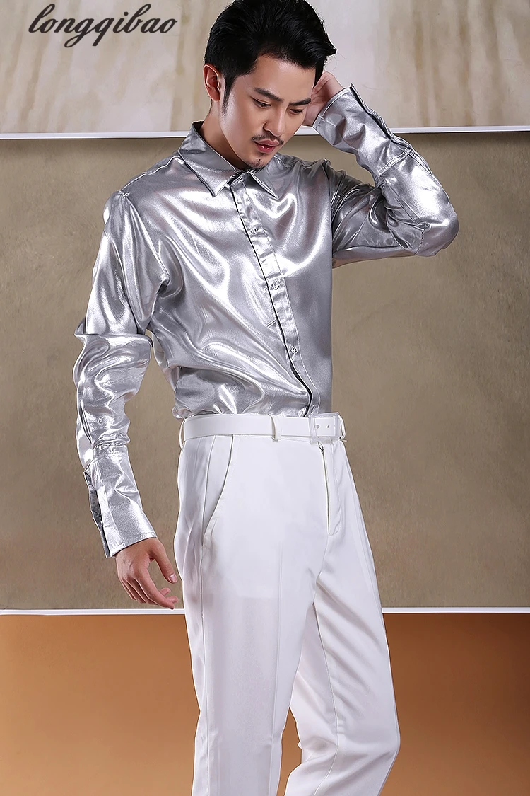 Men Stage Performance Silver Gold Shiny Blouse Dinner Party Chorus Photography Studio Shirt HF305