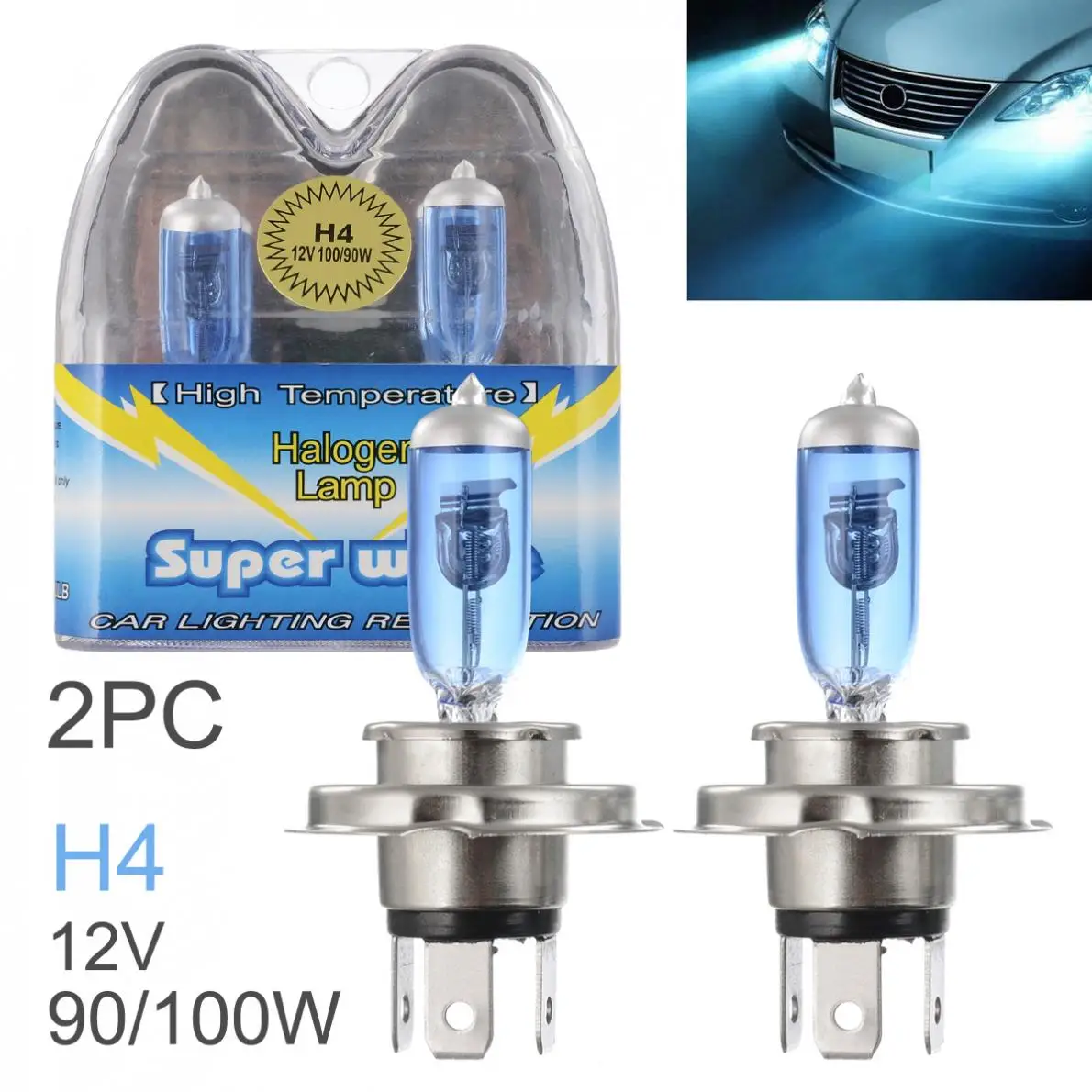 2pcs 6000K H4 100W White Light Super Bright Car HOD Lamp Auto Front